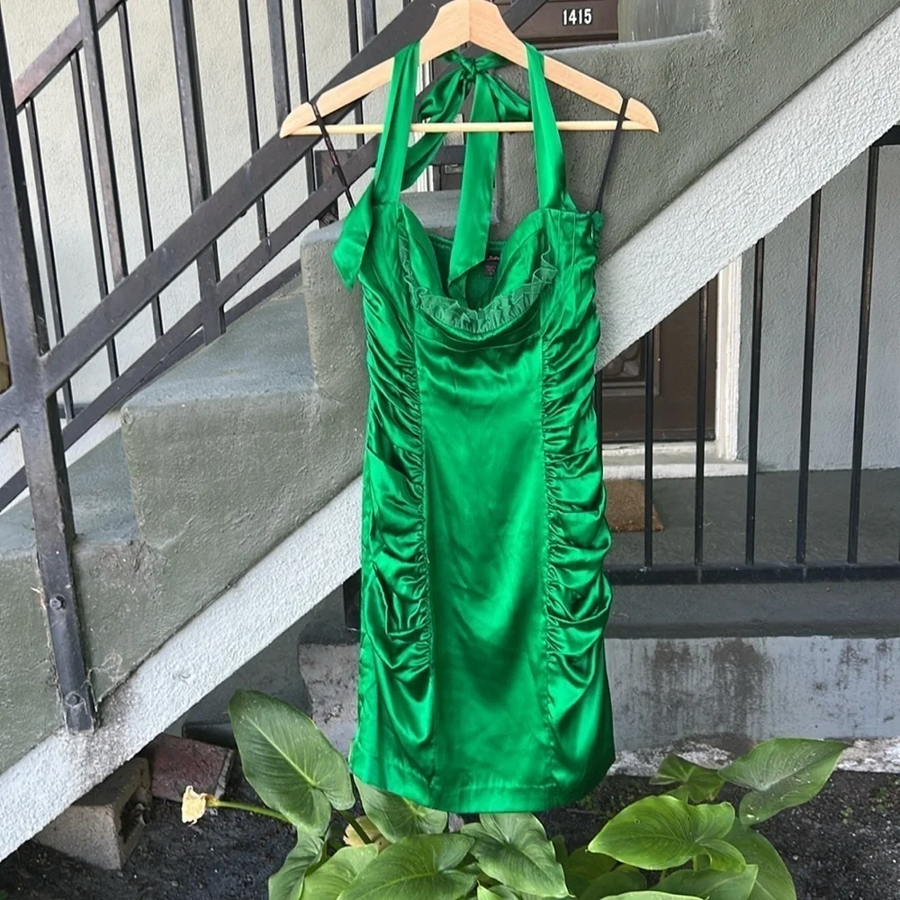 Betsey Johnson Vintage Green Ruched Halter Mini Dress Wedding Guest Formal Sz 4 - Picture 7 of 10